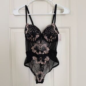 Elegant Black and Pink Lace Bodysuit